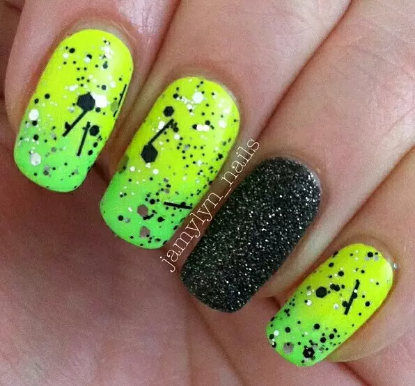 Neon Green & Black Musical Nails Design