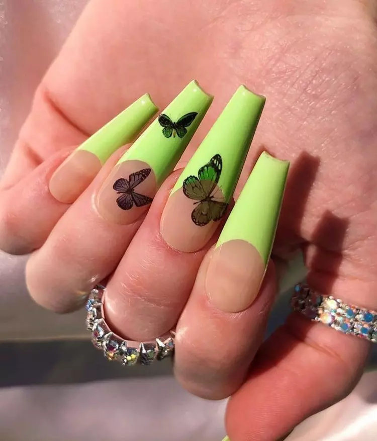 Neon Green And Black Butterfly Long Nails