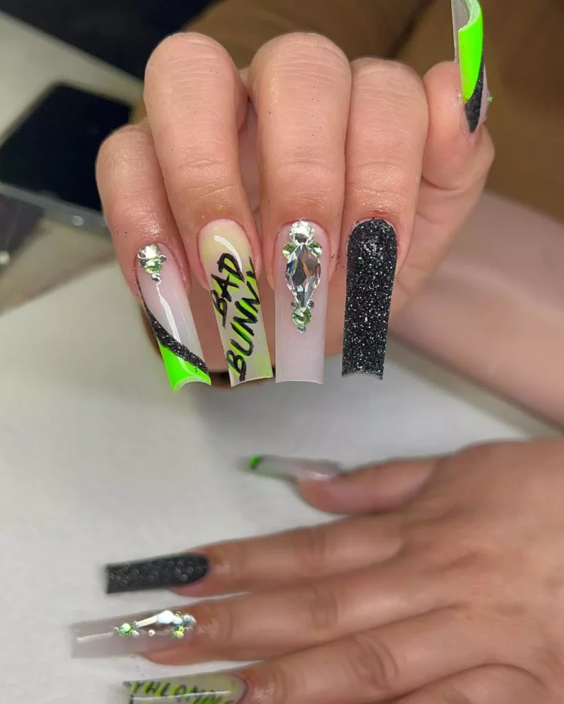 Neon Green & Black Bad Bunny Nails Design