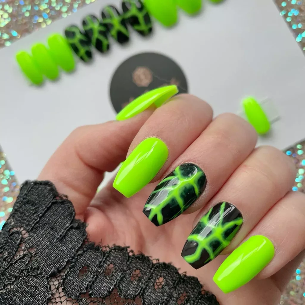 Neon Green & Black Halloween Witch Nails Design
