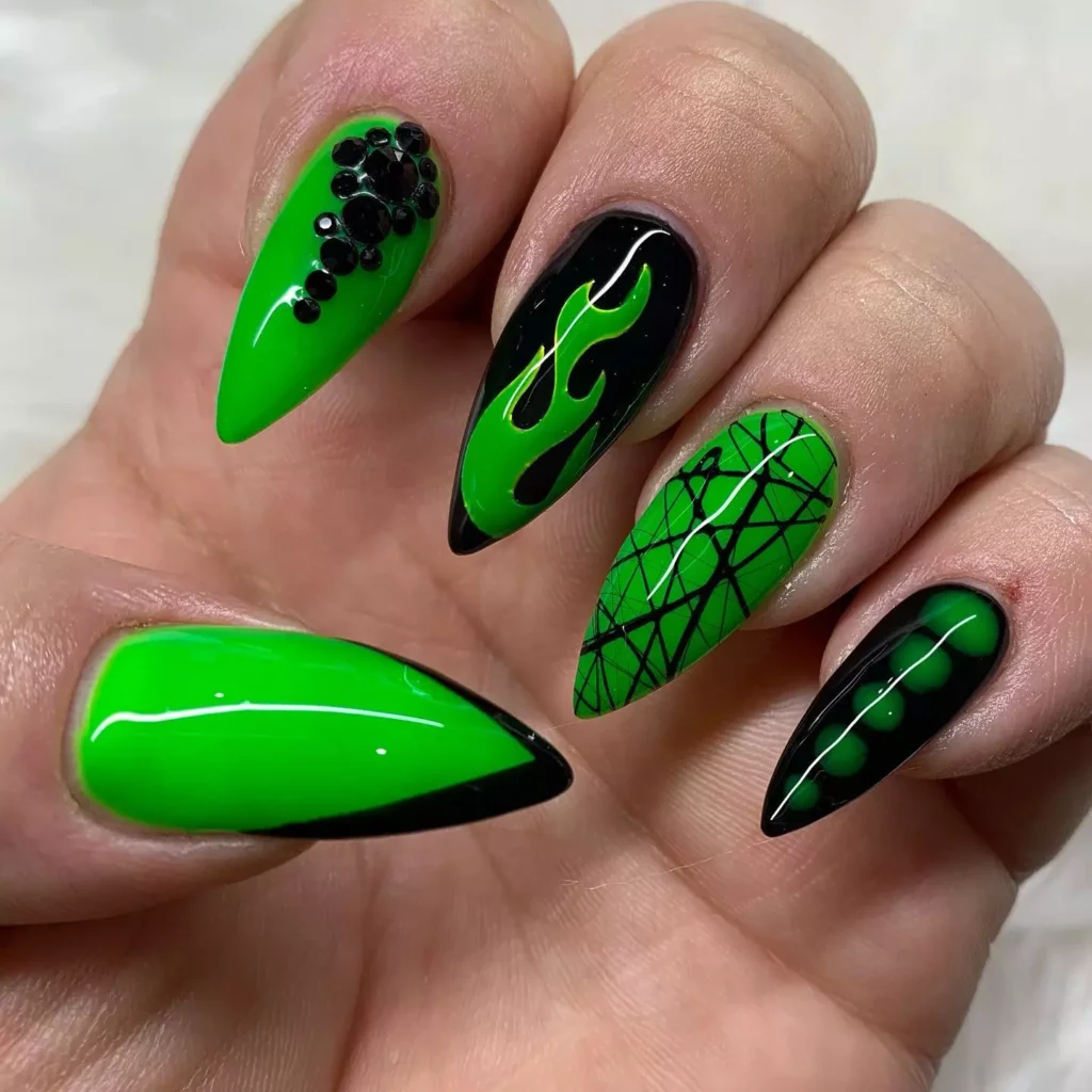 Neon Deep Green & Black Stone Nails Design