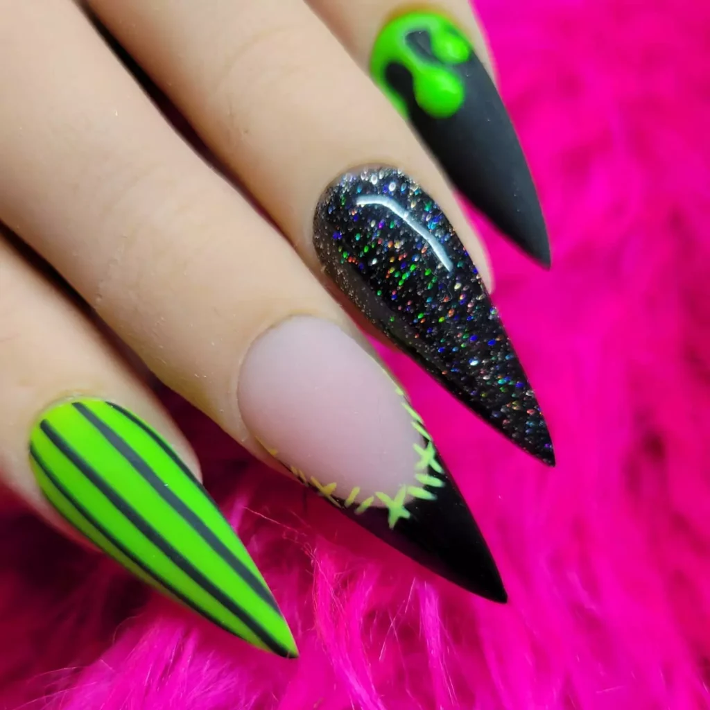 Neon Green & Black Acrylic Hard Gel Nails