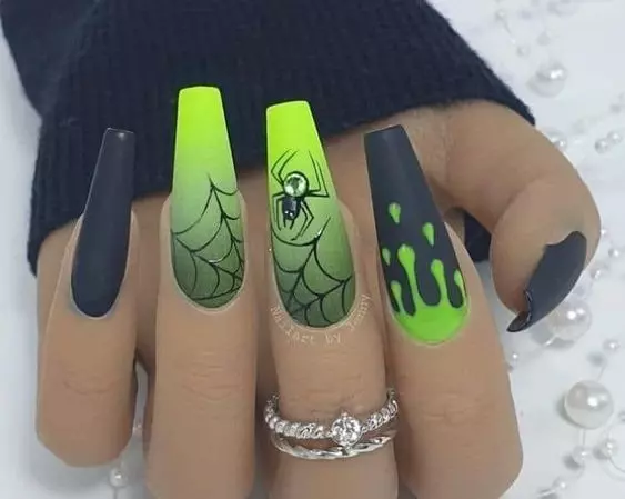 Neon Green & Black Halloween Spider Nails