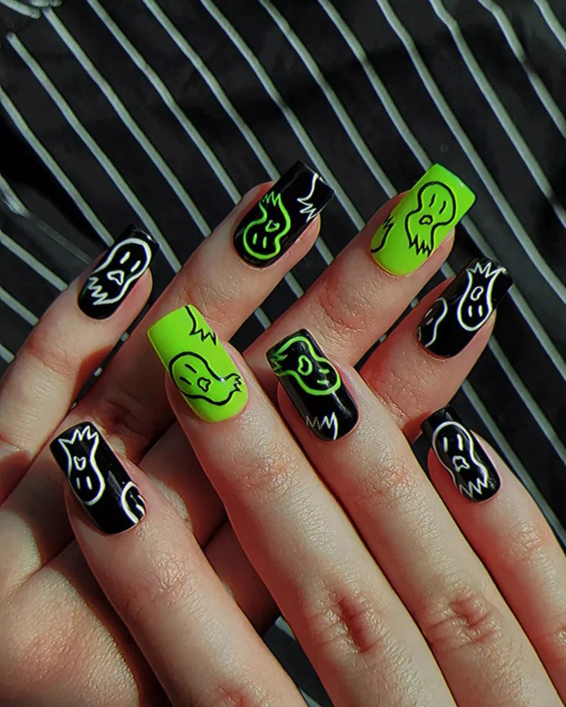 Neon Lime Green & Black Ghost Nails
