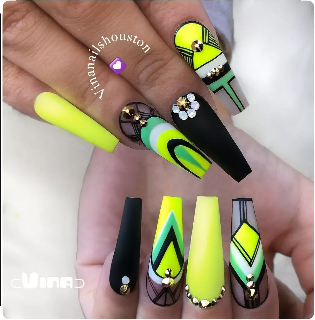 Neon Green & Black Long Nails With Gemstone