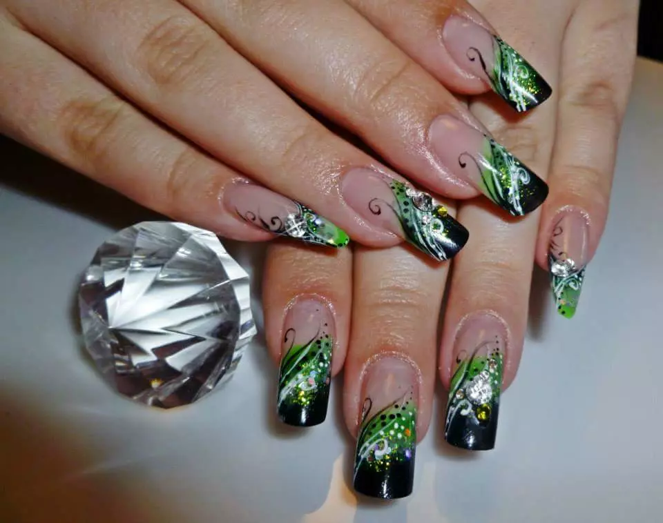Neon Green & Black Rhinestones Nails