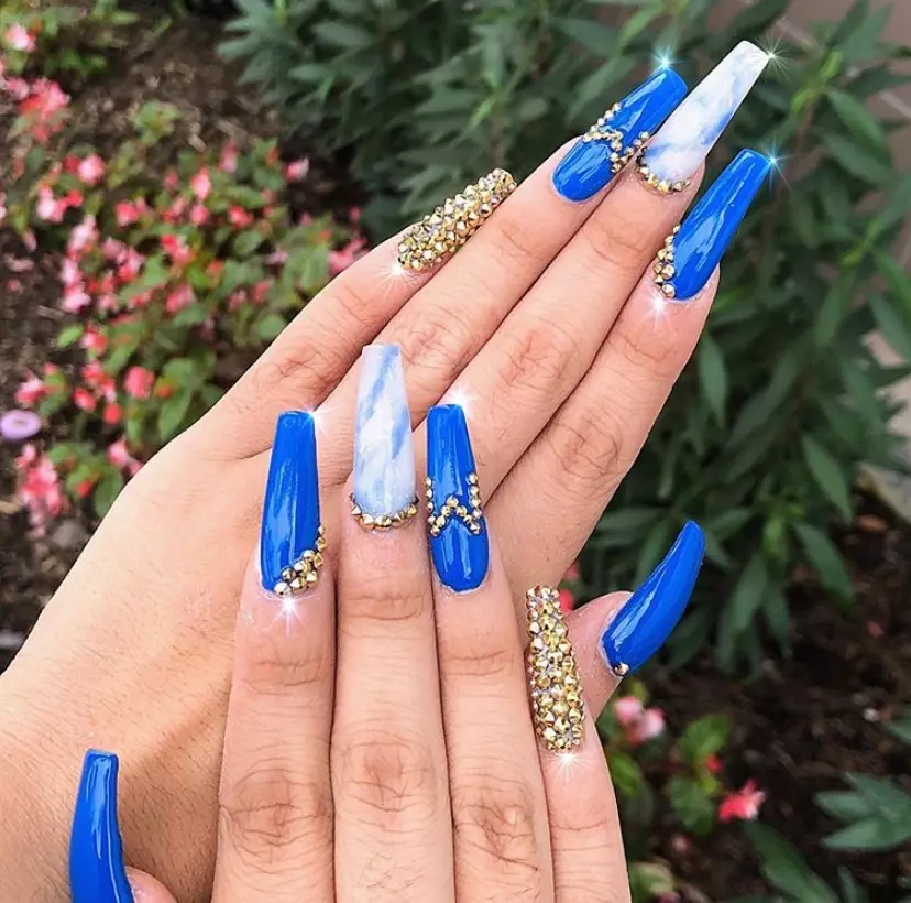 Blue & Gold Jewels Marble Nail Polish Style