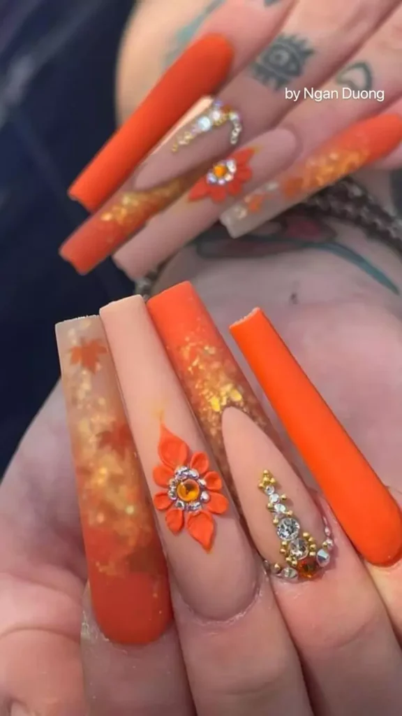 Long Orange Coffin Nails