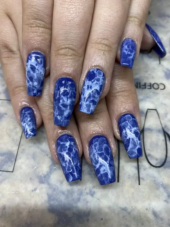 Blue Marble Coffin Nail Polish Style