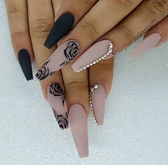 Black and Nude Nails With Rhinestones