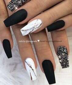 Black & White Glittery Marble Nail Design