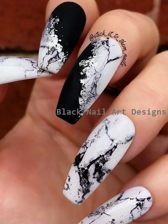 Black & White Marble Flower Nail Design