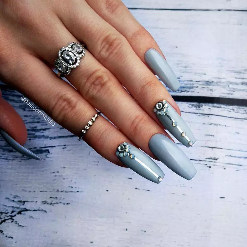 Gray, Light Blue Nails With Glitter