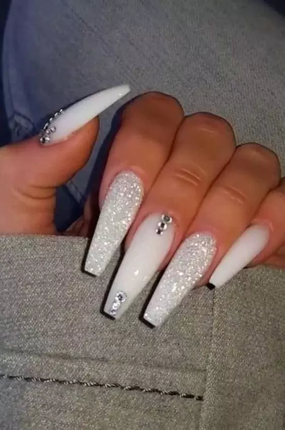 White and Silver Nails With Glitter
