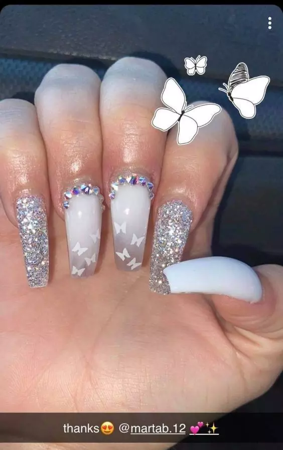 White Acrylic Nails With Glitter